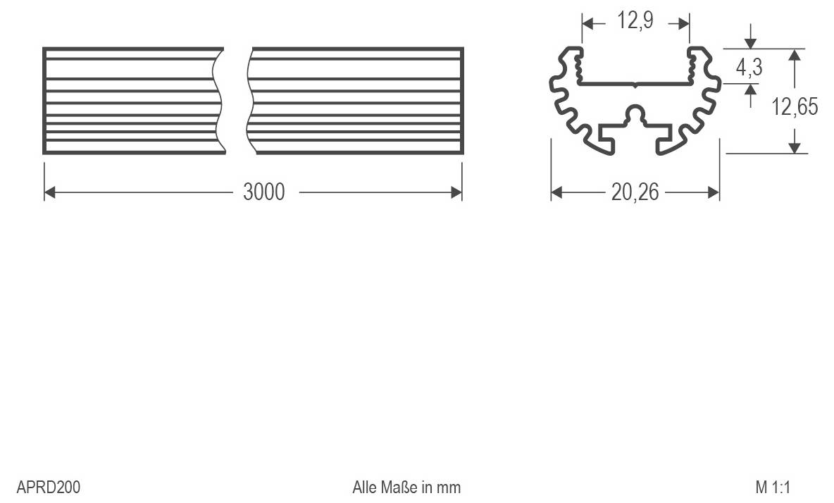 Technische tekening van een profieleonderdeel met afmetingen: 1000 mm lang, 38,4 mm breed en 8,1 mm hoog, gelabeld 'Alle Maße in mm' en 'M 1:1'.