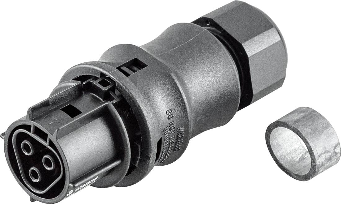 Metalen elektrische connectordoos met vier-pins contactpunt en zeskantige moer, afgebeeld met een apart klein metalen dopje op witte achtergrond