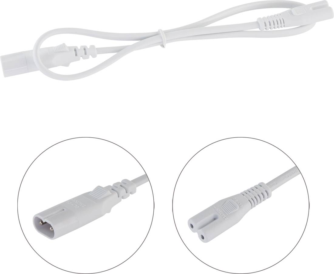 Witte stroomkabeladapter met één connector aan de bovenkant en twee circulaire close-ups van de mannelijke en vrouwelijke stekkeruiteindes eronder.
