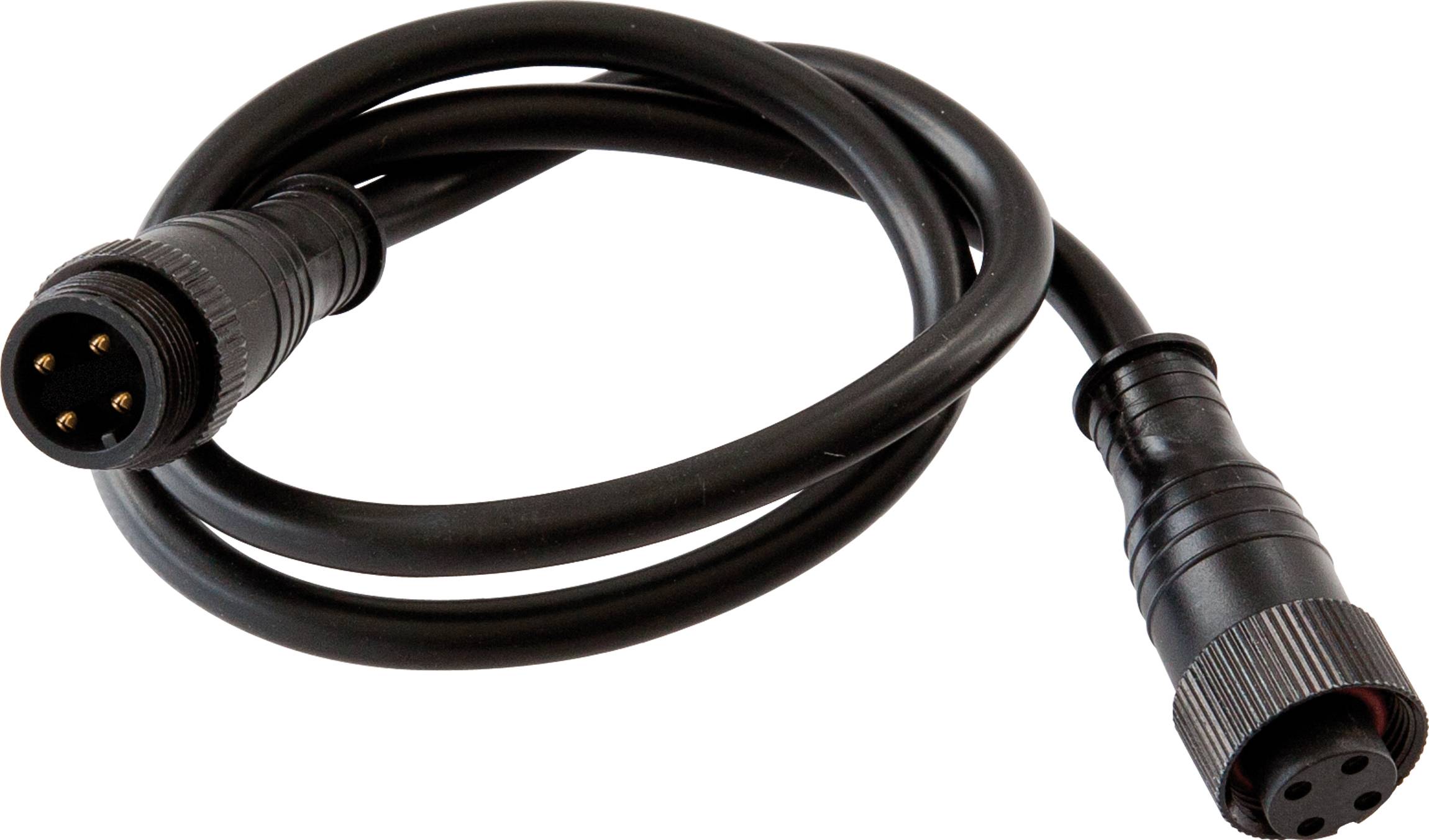 Zwarte kabel met ronde 3-pins connectoren aan beide uiteinden, getoond opgerold op een witte achtergrond.