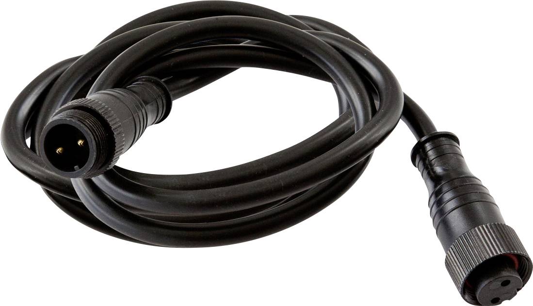Zwarte opgerolde kabel met ronde stekkers aan beide uiteinden, afgebeeld op een witte achtergrond.