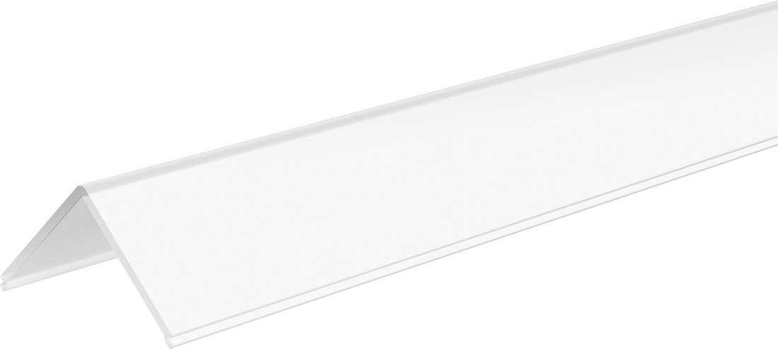 Witte driehoekige opvouwbare plankdrager of sierstripje weergegeven diagonaal op een effen witte achtergrond.