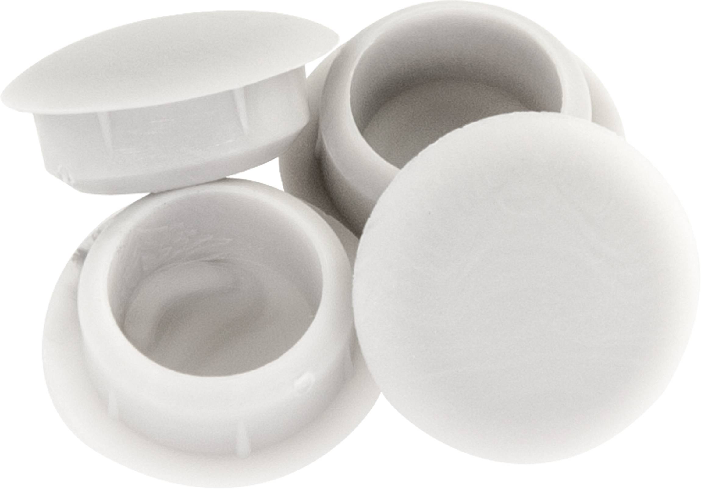 Vier witte potjes cosmetische crème en deksels op een witte achtergrond