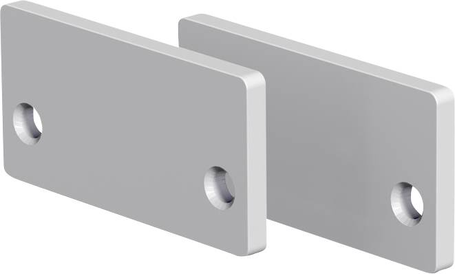 Twee grijze metalen rechthoekige platen met afgeronde hoeken en boutgaten, weergegeven in perspectief met verschuiving op een witte achtergrond.