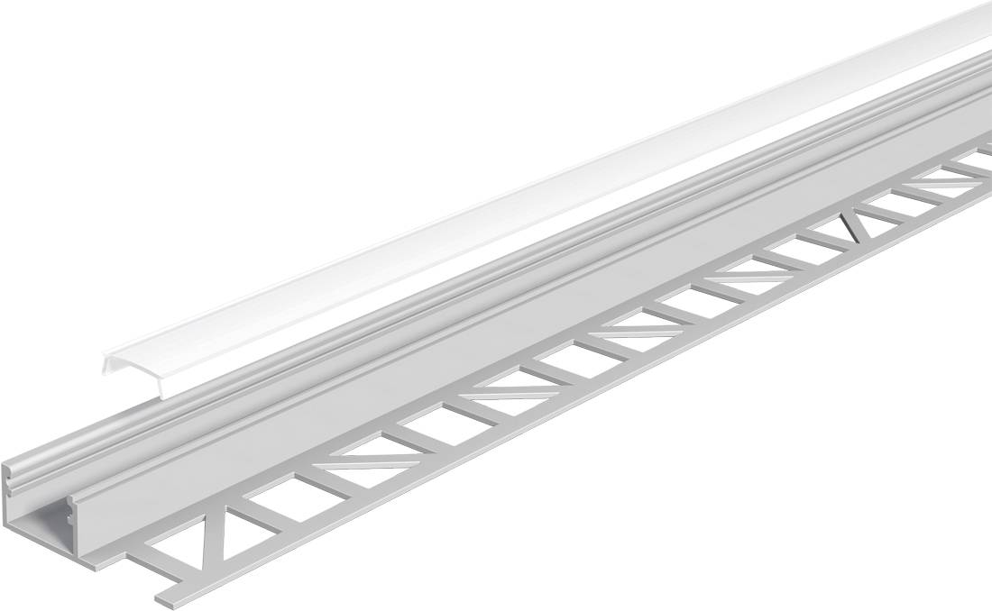 Metalen randafwerking met een ingebouwde geperforeerde flens, weergegeven in een diagonaal productaanzicht op een witte achtergrond.