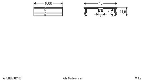 Technische tekening van een 1000 mm lang profiel, met doorsnedafmetingen van 45 mm breed, 11,5 mm hoog en 6/10 mm details, alle afmetingen in mm aangegeven.