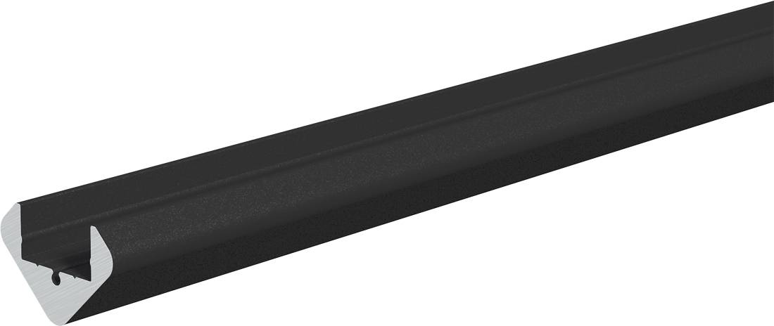 Zwart aluminium U-vormige kanaaltrim met zilveren eindkap, getoond op een witte achtergrond.