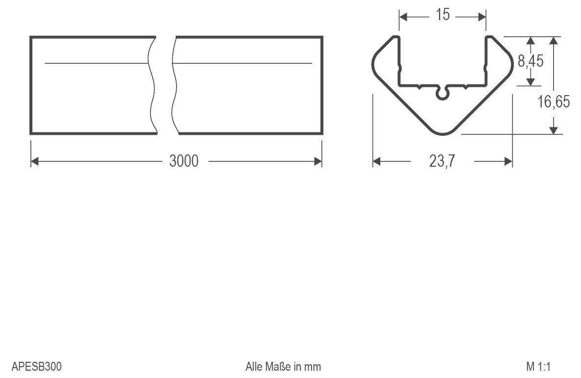 Technische tekening van een 3000 mm lang profiel, met dwarsdoorsneafmetingen 15 mm breed, 23,7 mm diep en 16,65 mm hoog.