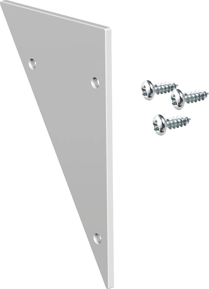 Een metalen hoekbeugel met drie schroefgaten, weergegeven naast drie zilveren schroeven op een witte achtergrond.