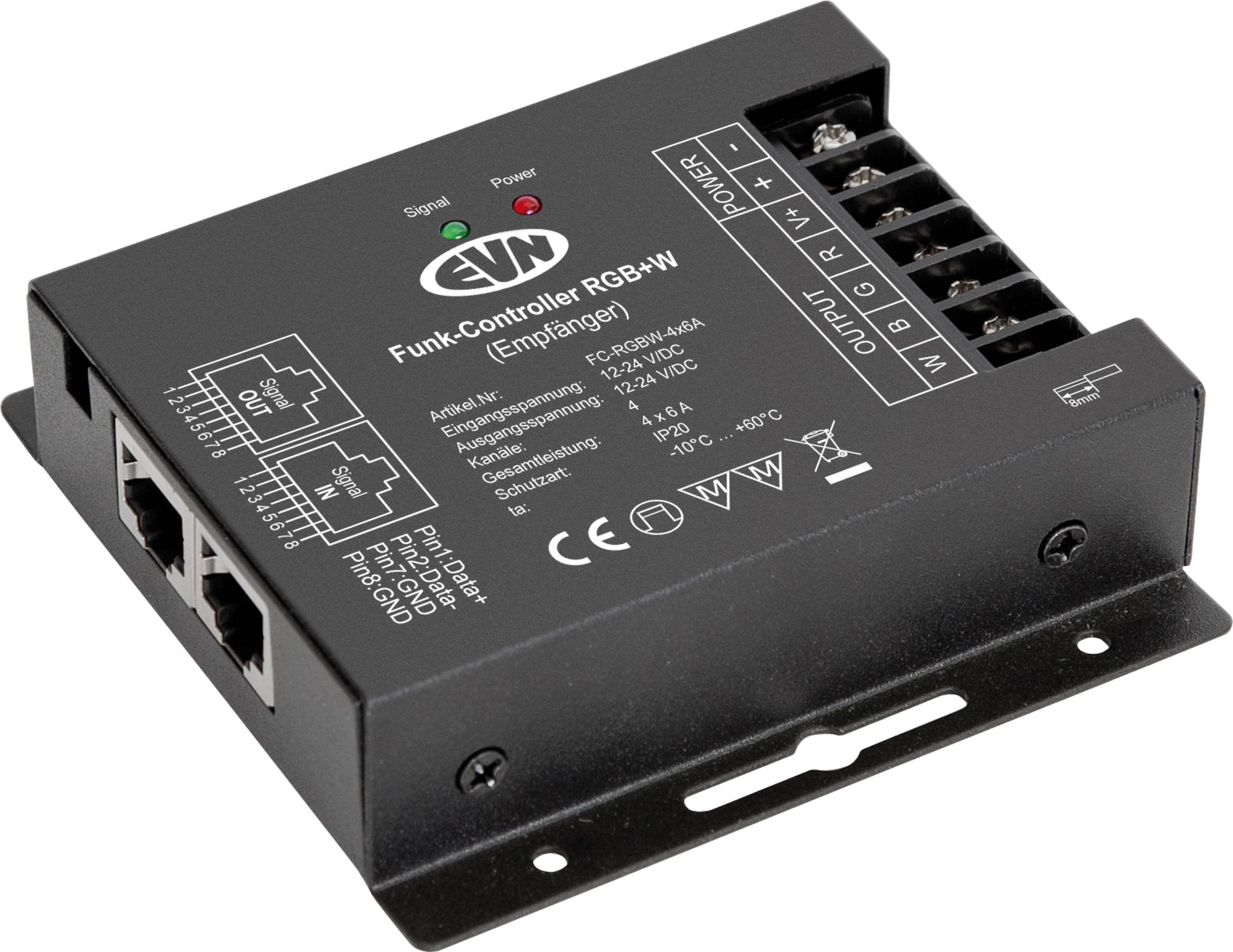 Zwarte EVN Funk-Controller RGB+W besturingsmodule met Ethernet-poorten, schroefklemmen en status-LED's, afgebeeld op een witte achtergrond.