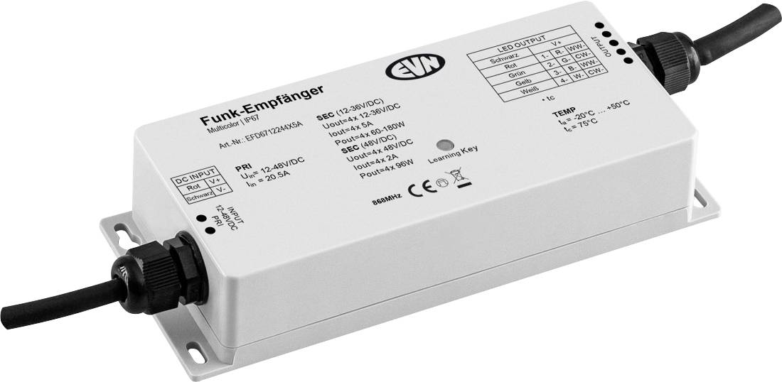 Elektronische industriële besturingskast met kabelwaartborgen en gedrukte specificaties, gelabeld 'Funk-Empfänger' en EVN.