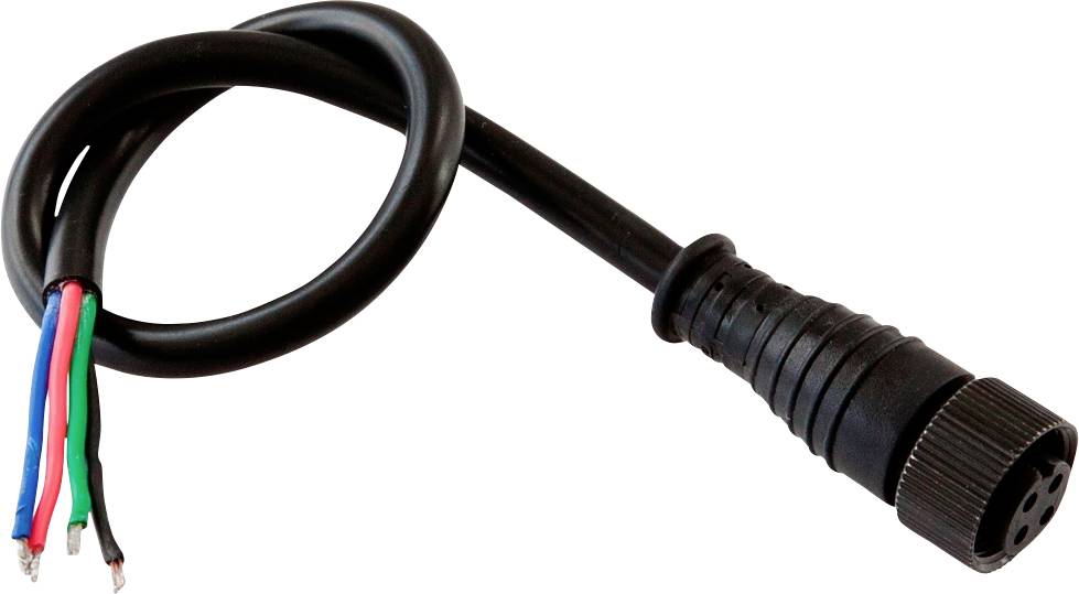 Zwarte kabel met geschilde rode, groene, witte en zwarte draden aan één uiteinde en een ronde multi-pin connector aan het andere uiteinde.