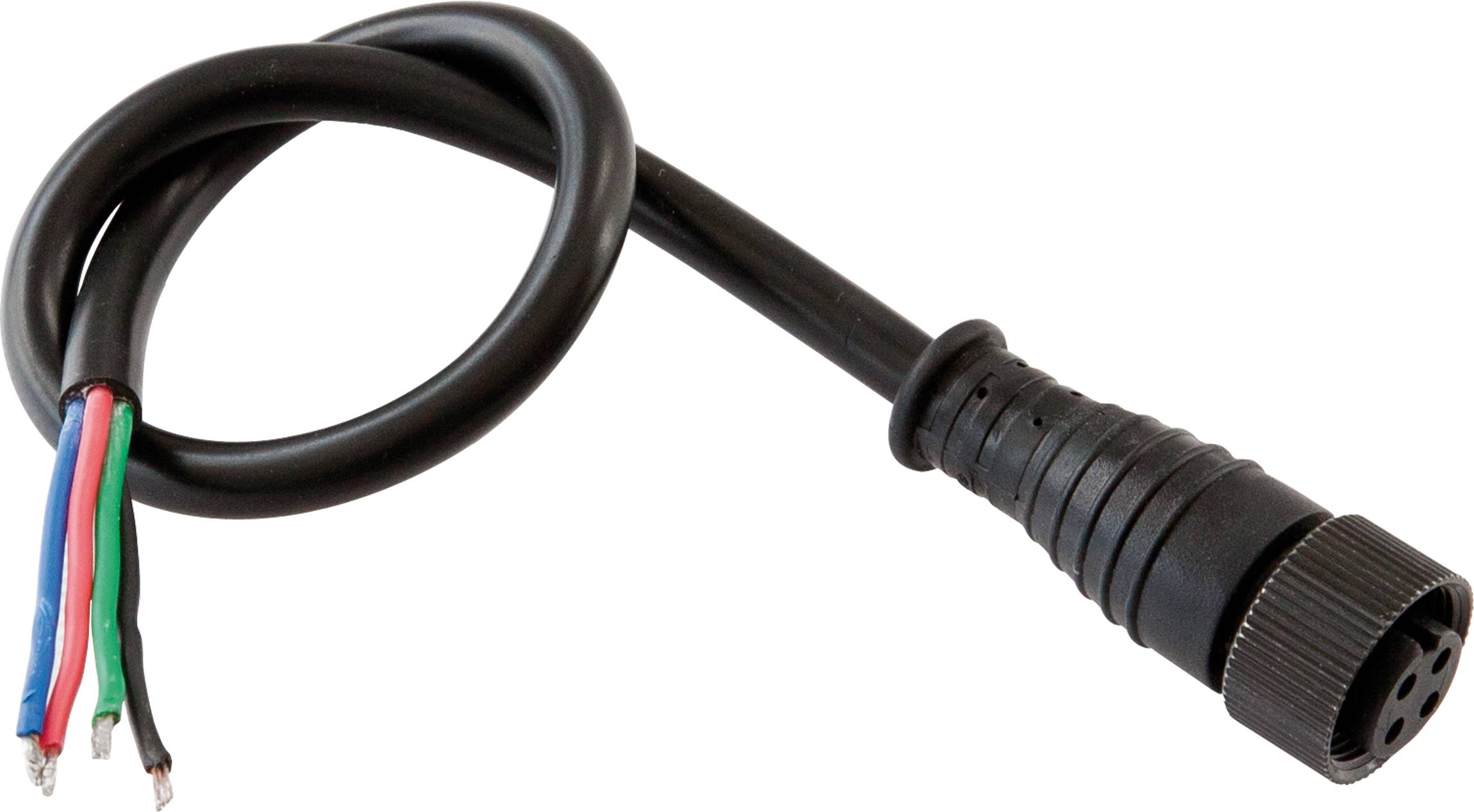 Zwarte kabel met een ronde multi-pin connector aan het ene uiteinde en afgestrippte rode, groene, witte en zwarte draden aan het andere uiteinde