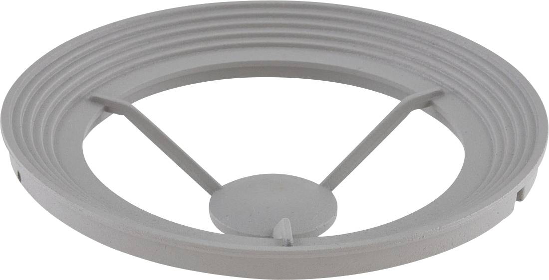 Grijs plastic rond ventilatierooster met drie spaken en een centraal naf, weergegeven op een witte achtergrond.