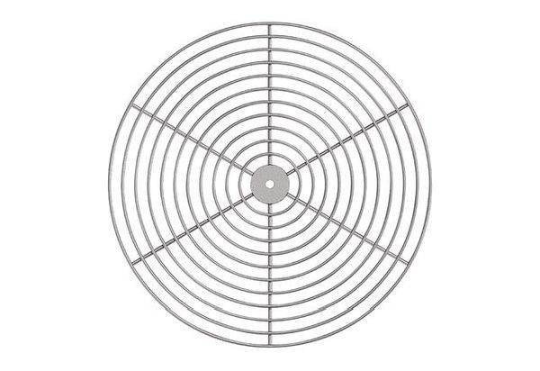 Een rond metalen rooster dat vaak wordt gebruikt als beschermkap voor ventilatoren. Het bestaat uit concentrische cirkels en radiale steunen.