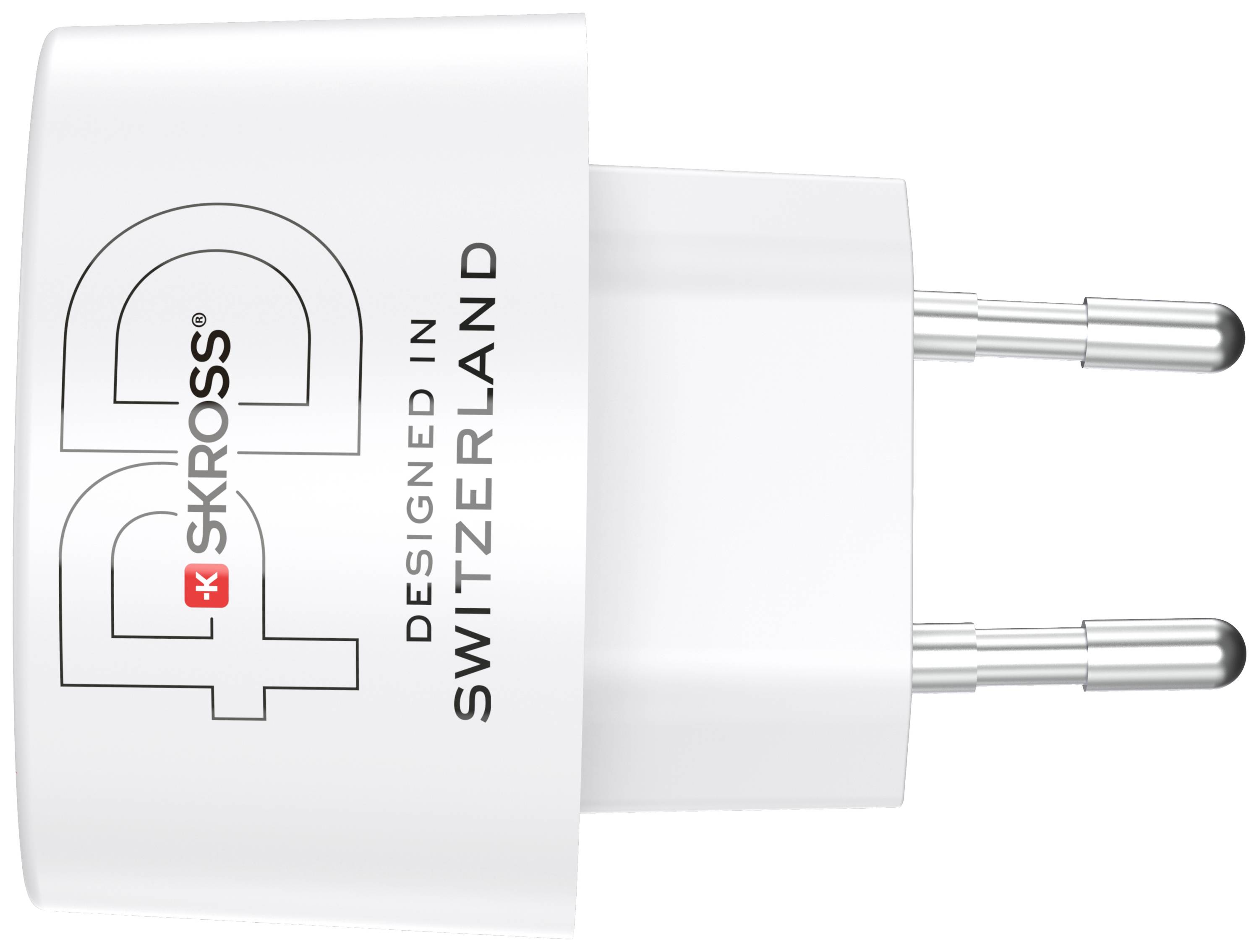 'Skross' Adapter met Europees stekkerdesign, gemarkeerd met 'Designed in Switzerland'.
