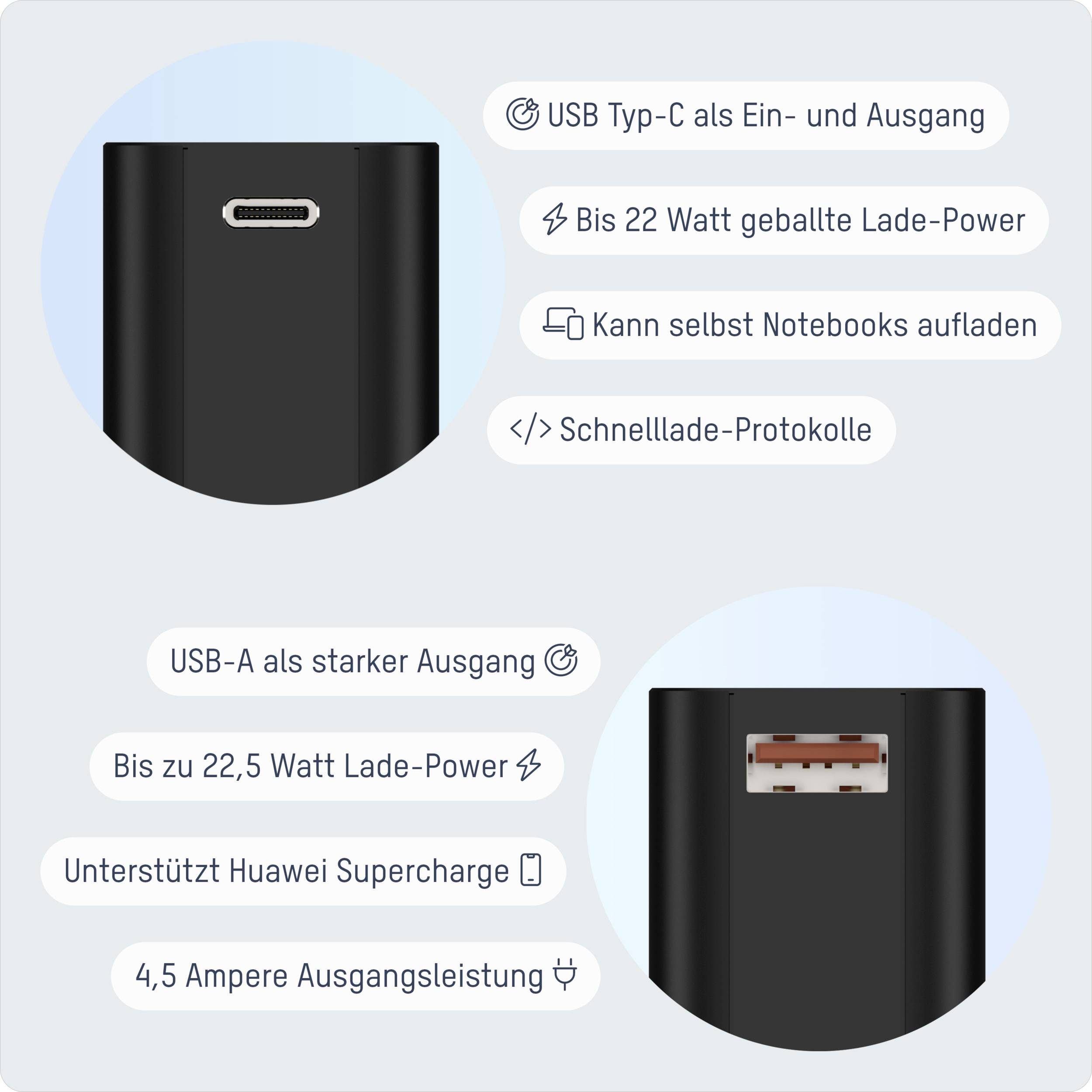 De afbeelding toont een oplader-adapter met een USB Type-C en een reguliere USB-aansluiting. Functies: 22,5 watt laadvermogen, snelladen, ondersteunt notebooks.