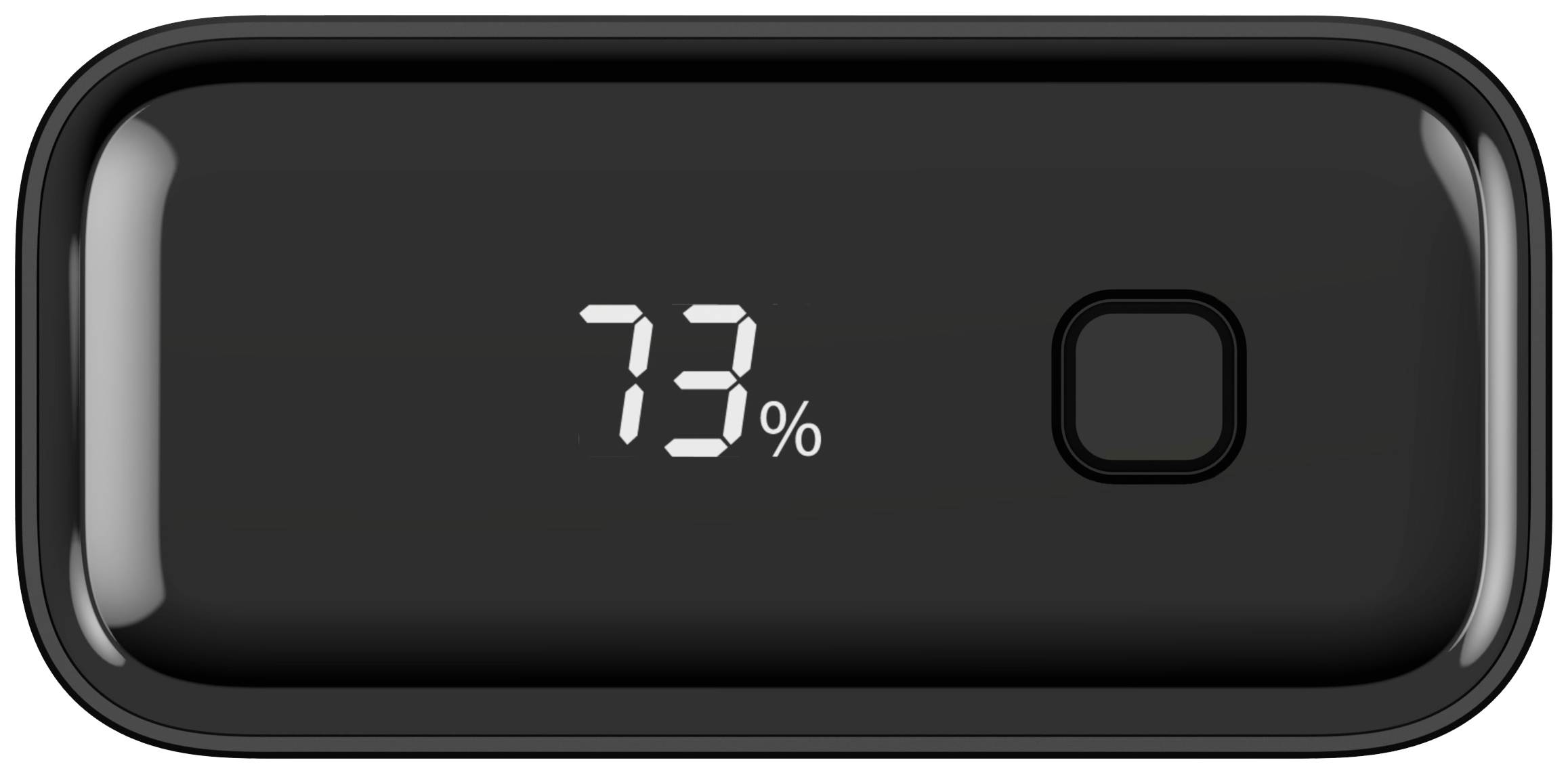 Een zwart apparaat met een digitaal display toont '73%'. Ernaast bevindt zich een vierkante knop.