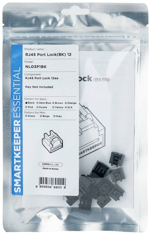 Plastic zak met RJ45-poortblokkeringen, model NL031PIBK, 12 stuks, van SmartKeeper Essential. De sleutel is niet inbegrepen.