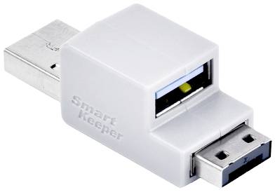 Een grijze USB-afsluiteenheid met het opschrift 'Smart Keeper', die aansluitingen blokkeert om ongeautoriseerde toegang te voorkomen.