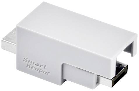 Een USB-beveiligingsplug met het opschrift 'Smart Keeper', die in een USB-poort wordt gestoken om ongeautoriseerde toegang te voorkomen.