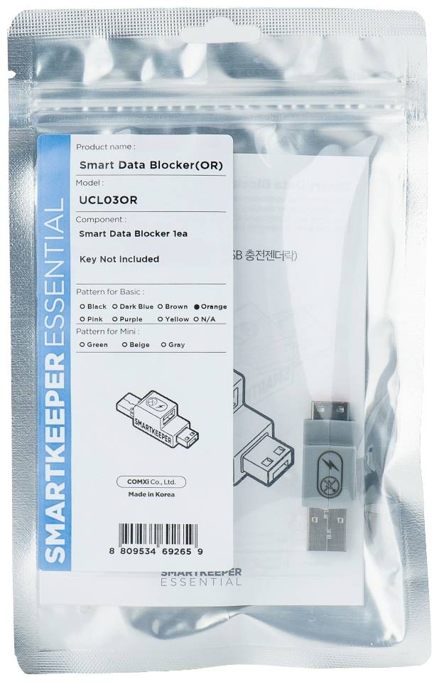 Verpakking van een 'Smart Data Blocker' aan de voorkant met productdetails, modelnummer UCL03OR, vermelding 'Sleutel Niet Inbegrepen'.