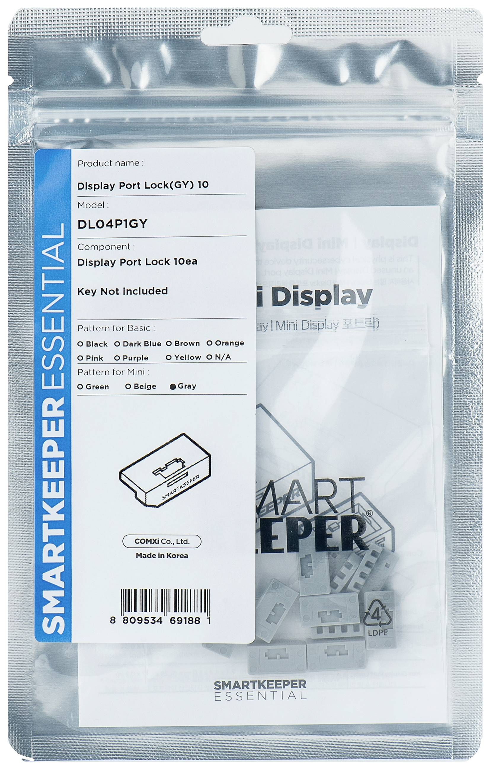 'Smartkeeper Essential DisplayPort Lock' in transparante verpakking, bevat 10 DisplayPort locks, geen sleutels inbegrepen.