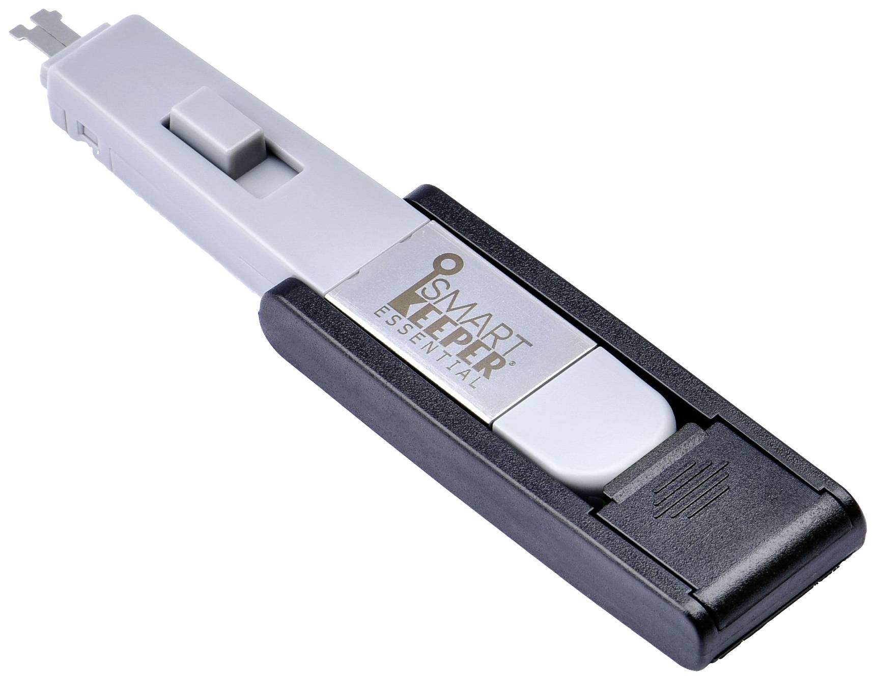 Een USB-beveiligingsslot in grijs en zwart, gemerkt met 'Smart Keeper Essential'. Het blokkeert USB-poorten om ongeautoriseerde toegang te voorkomen.