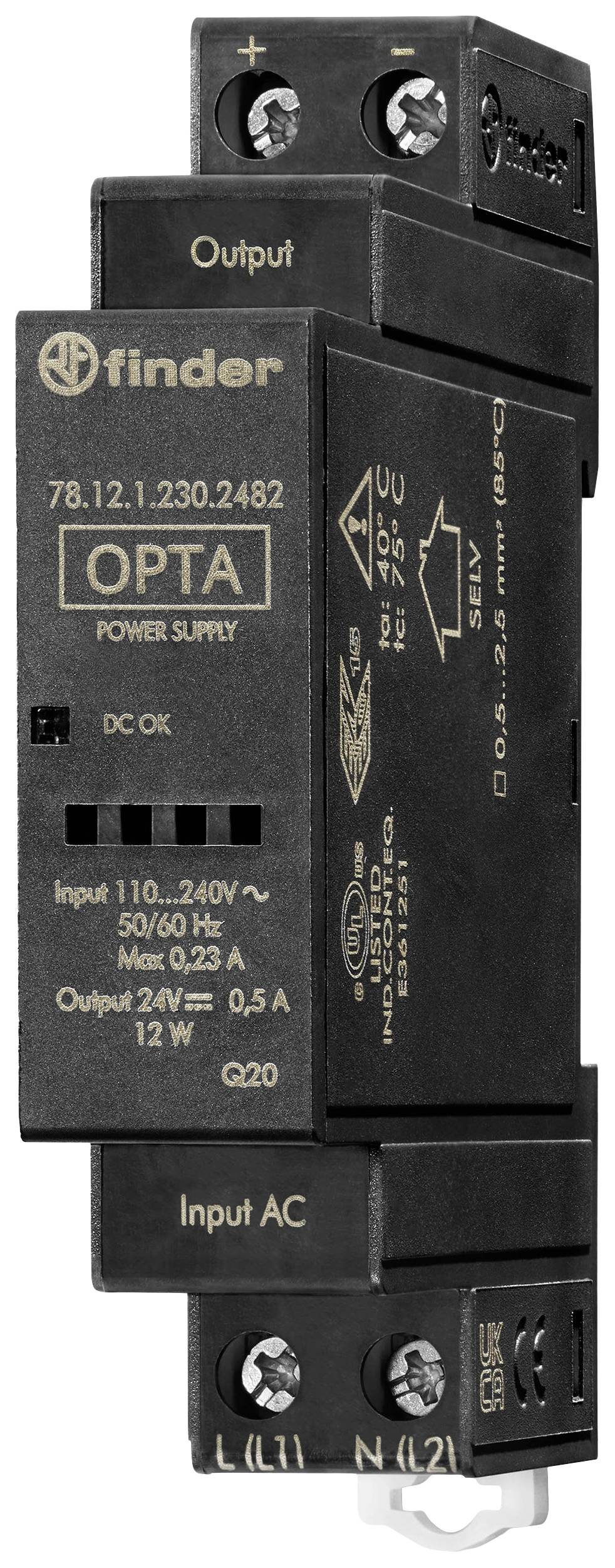 Zwart 'Finder' voedingsapparaat, model 78.12.1.230.2482. Ingang: 110-240V AC, 0,23A. Uitgang: 24V DC, 0,5A. Montageoptie zichtbaar.