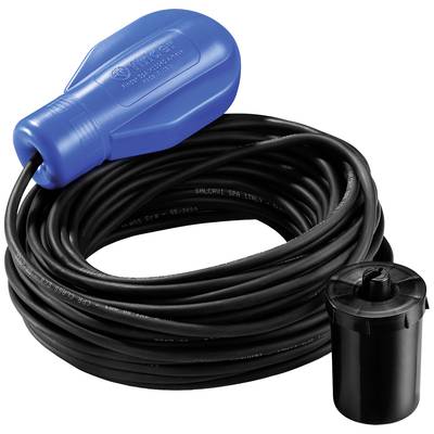 Blauwe vlotterschakelaar met een lang zwart kabel en zwart gewicht, gebruikt voor het regelen van het waterniveau in tanks.