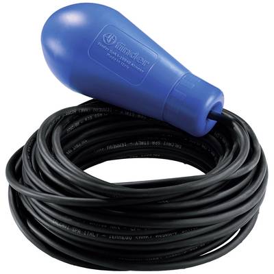 Blauwe kunststof vlotterschakelaar, opgerold met een lang zwart kabel. Wordt gebruikt in waterpompsystemen voor automatisering.