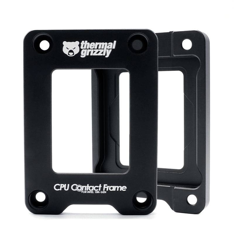 Zwarte CPU-contactframe van Thermal Grizzly voor Intel 13e generatie, rechthoekige vorm, twee zichtbare schroefgaten.