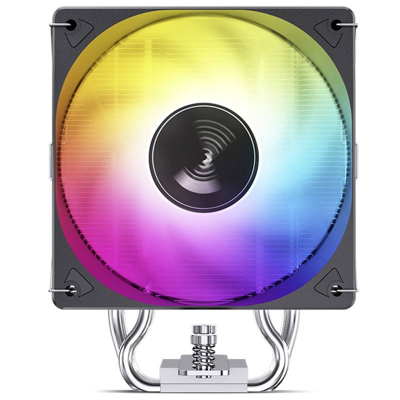 Een vierkante ventilator met RGB-verlichting in een kleurverloop van geel via blauw naar rood, gemonteerd op een zilveren voet.