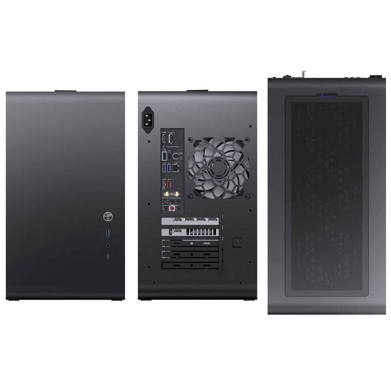 'Bovenaanzicht van een computerbehuizing van boven, achter en boven met verluchtingsrooster bovenaan en aansluitingen aan de achterkant.'