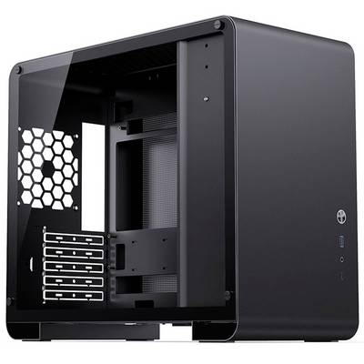 Zwart, minimalistisch pc-behuizing met zichtbare honingraatventilatie aan de zijkant en meerdere uitbreidingsslots aan de achterzijde.