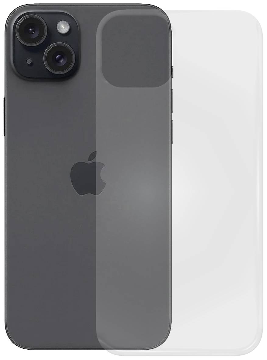 'Zwarte smartphone met twee cameralenzen en Apple-logo aan de achterkant, naast een transparante beschermhoes.'