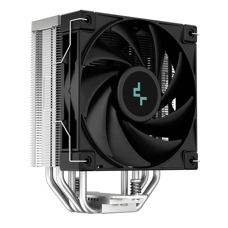 Een zwarte CPU-koeler met ventilator en koelvinnen, ontworpen voor efficiënte warmteafvoer in computers.