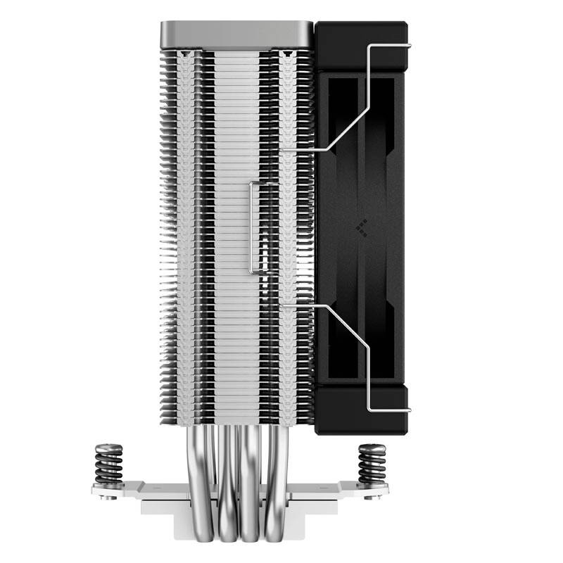 Een verticale CPU-koeler met meerdere zilveren lamellen en een zwarte ventilator die eraan bevestigd is.
