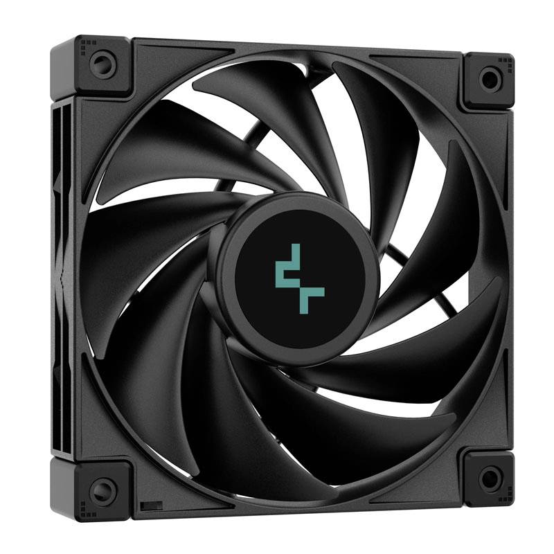 Zwarte computerventilator met negen gebogen rotorbladen, centraal logo en vierkant frame, geschikt voor koeling in een pc.