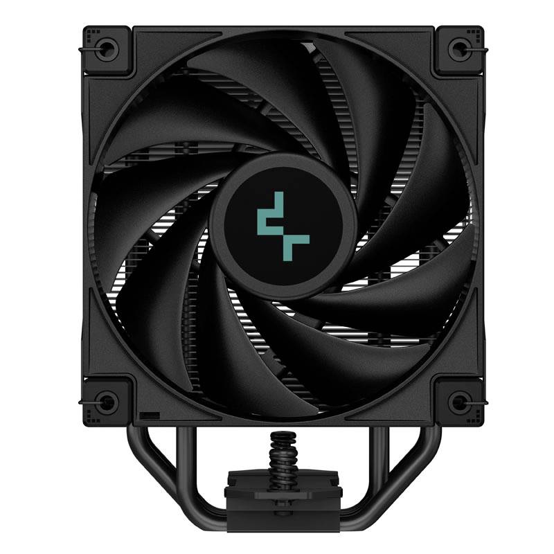 Zwarte CPU-ventilator met spiraalvormige rotorbladen, vierkant frame en blauw logo in het midden.