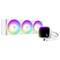 RGB-verlichte koelsysteem met drie ventilatoren en een koellichaam, gebruikt in computers voor een effectieve warmteafvoer.