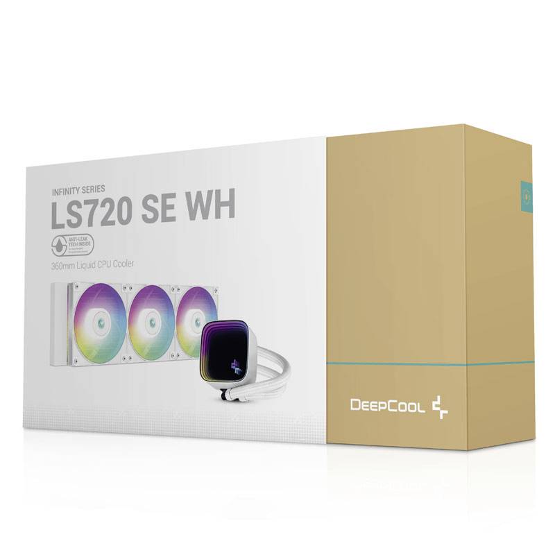 Verpakking van een DeepCool CPU-koeler (Model LS720 SE WH) met 360-mm-radiator en RGB-verlichting, weergave van de koeler en toebehoren.
