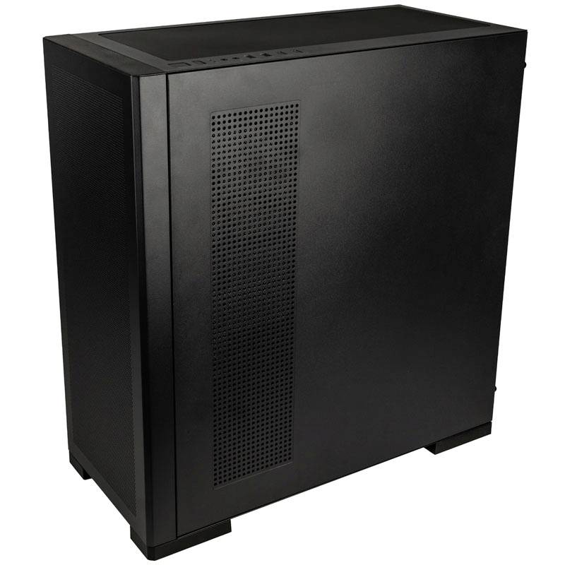 Zwart computerbehuizing met ventilatiesleuven aan de zijkant. Design: strak, modern. Geschikt voor verschillende hardware-componenten.