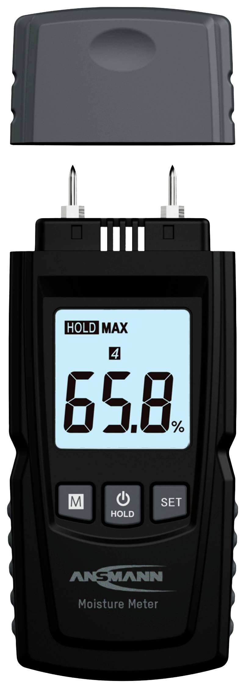 Digitaal vochtigheidsmeetapparaat met afneembare beschermkap, toont momenteel een meetwaarde van 65,8% op het display.