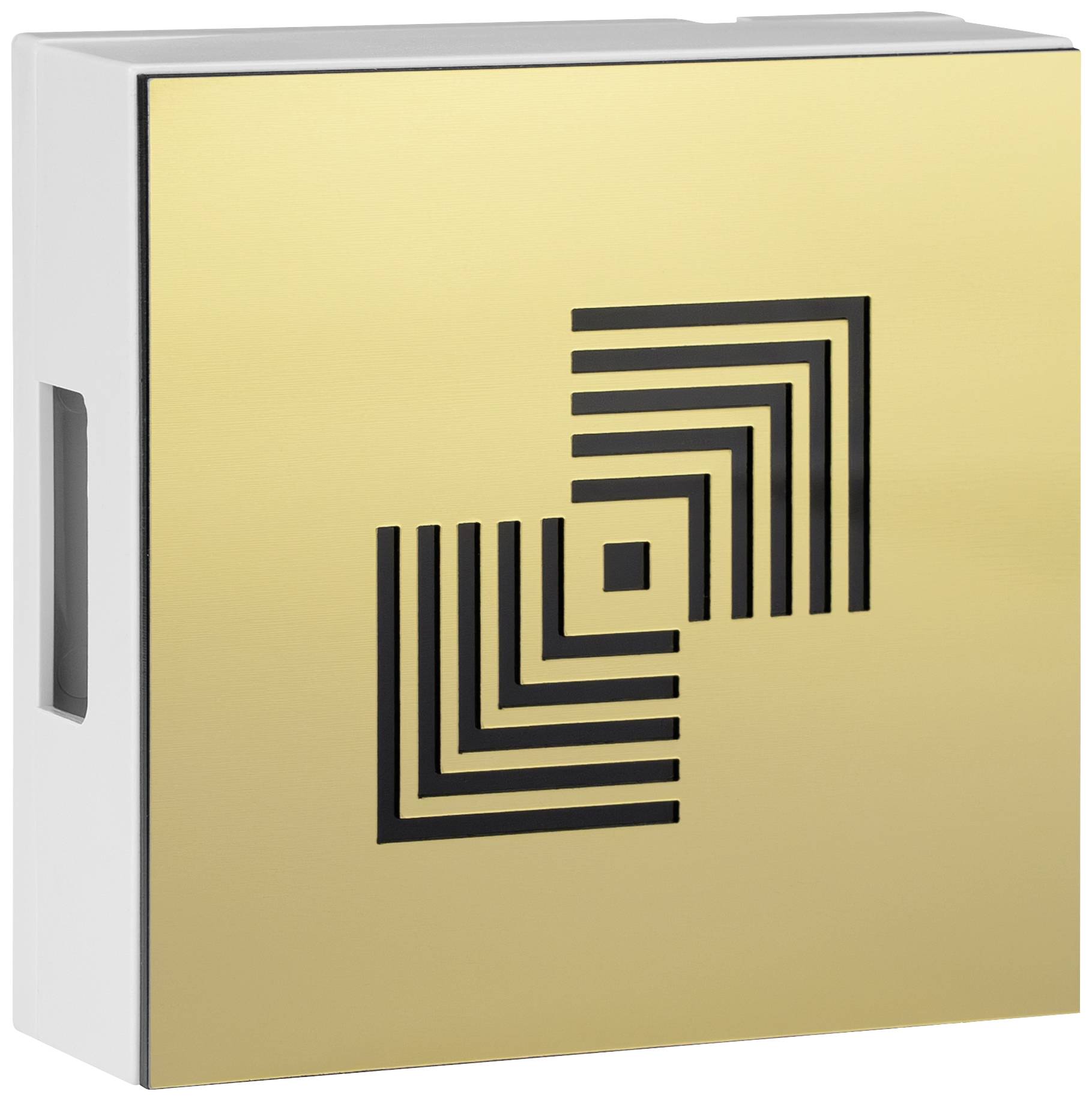 Gouden doos met zwart geometrisch patroon, bestaande uit geneste vierkanten en lijnen.