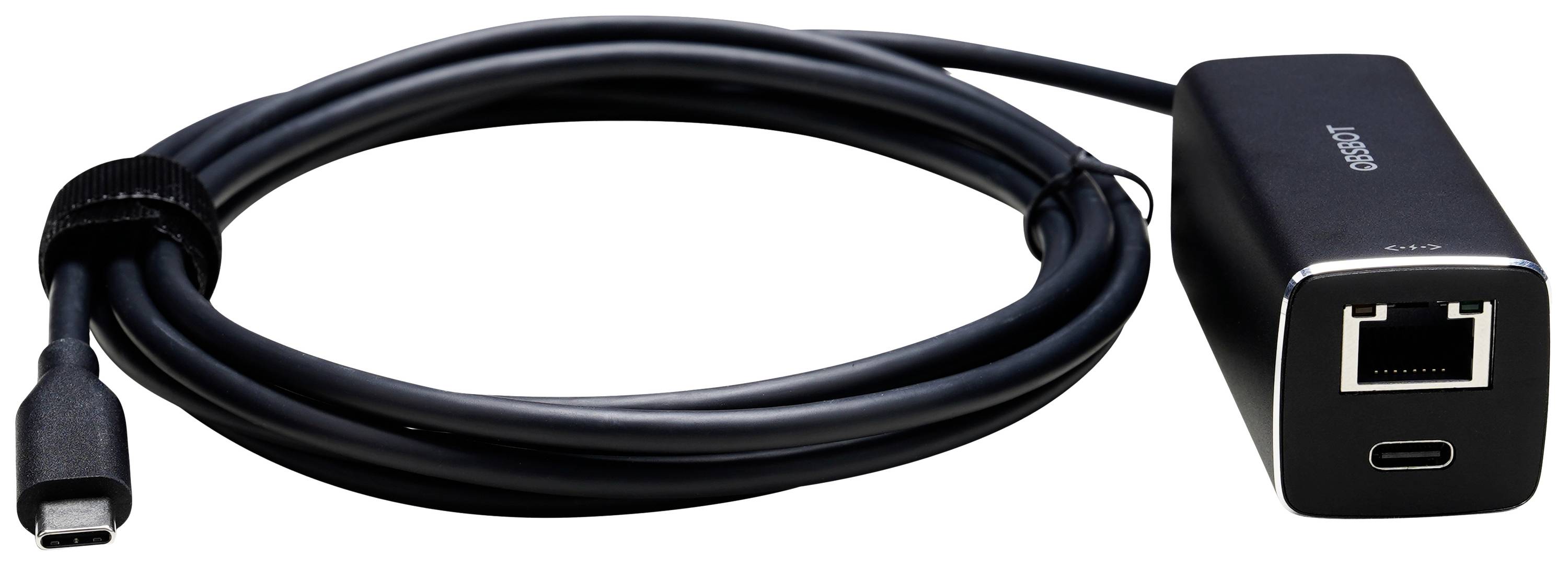 Een USB-C naar Ethernet-adapter met een lang zwart kabel. De adapter beschikt over een RJ-45-poort en een USB-C-aansluiting.