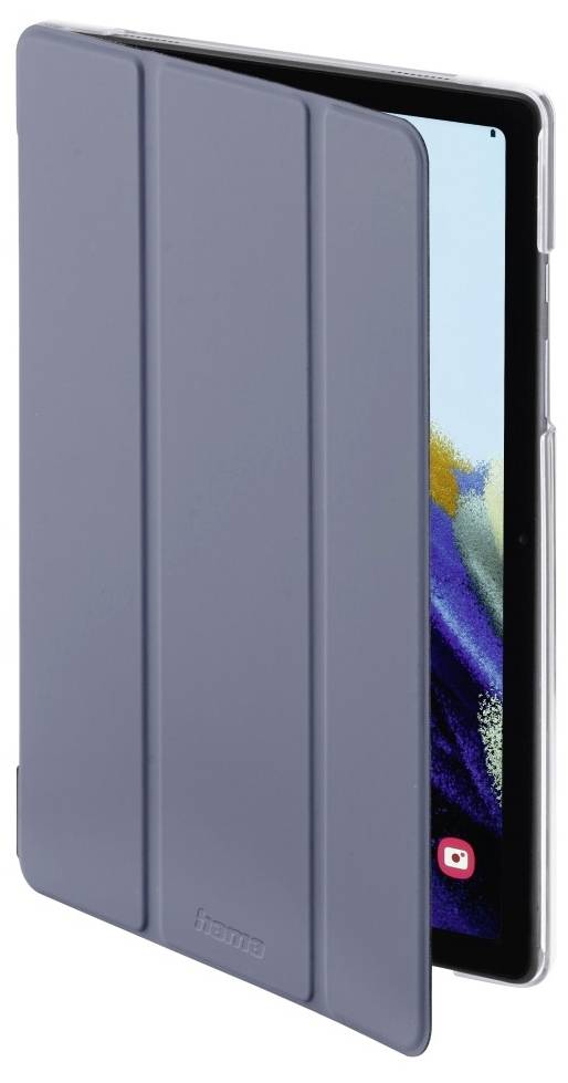 Een tablet met een gedeeltelijk gesloten donkergrijze beschermhoes. Op het scherm is een kleurrijke achtergrondafbeelding zichtbaar.