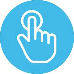 Een blauw symbool toont een hand met een vinger die op een punt drukt, wat een interactieve functie voorstelt.