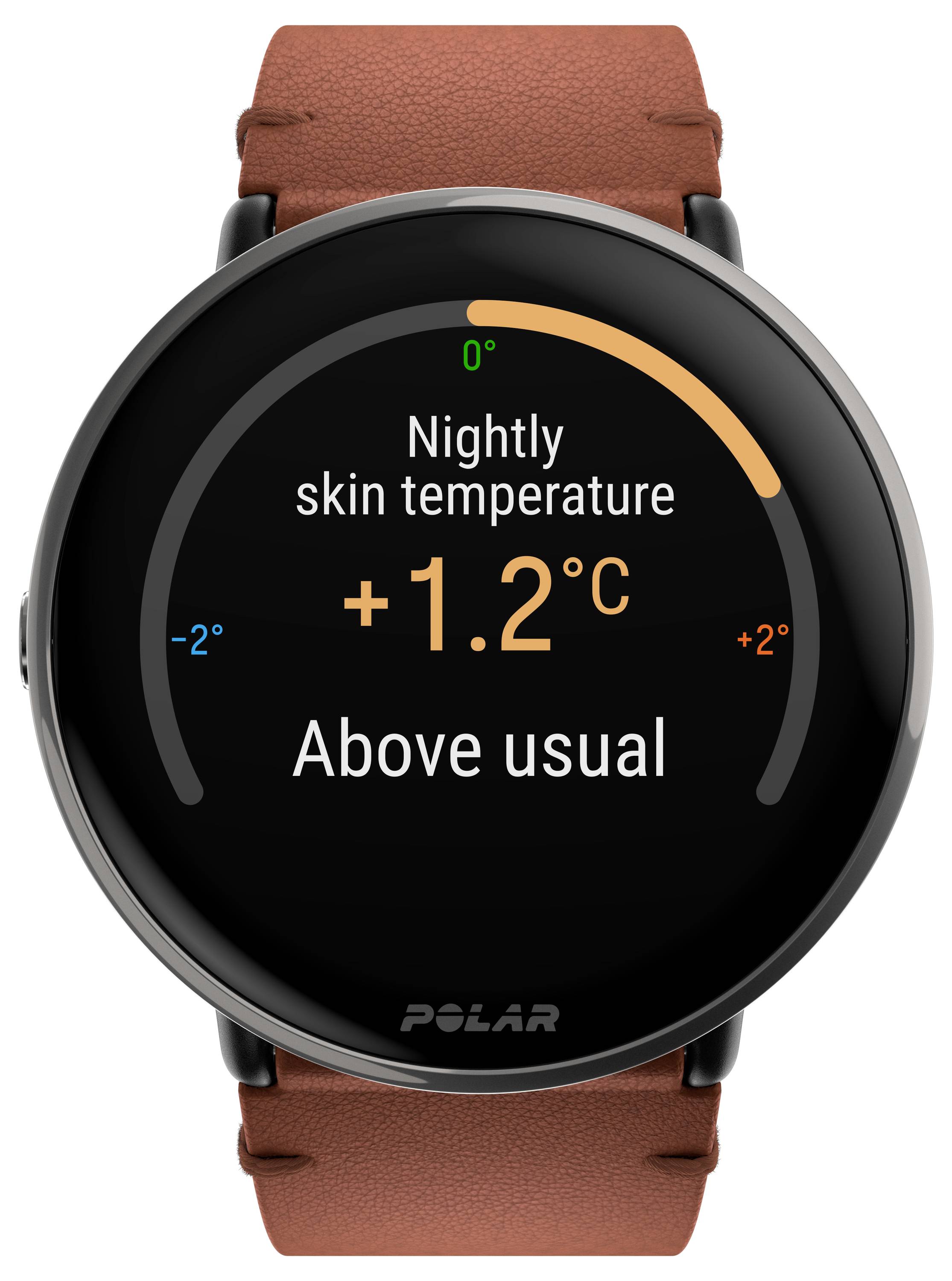 Smartwatch met bruin leren bandje toont 'Nachtelijke huidtemperatuur +1.2°C boven normaal' op het scherm.