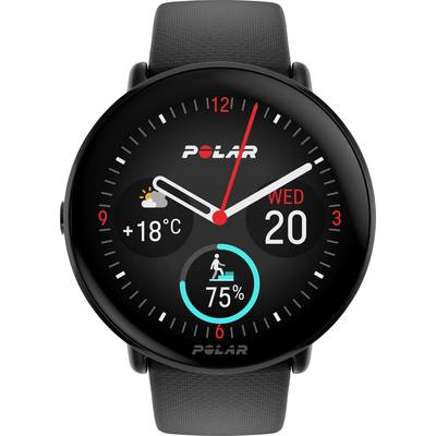 Zwarte smartwatch met rond display. Toont datum 'Wo, 20', temperatuur '+18°C', activiteitsdoel op 75% en tijd in digitaal formaat.